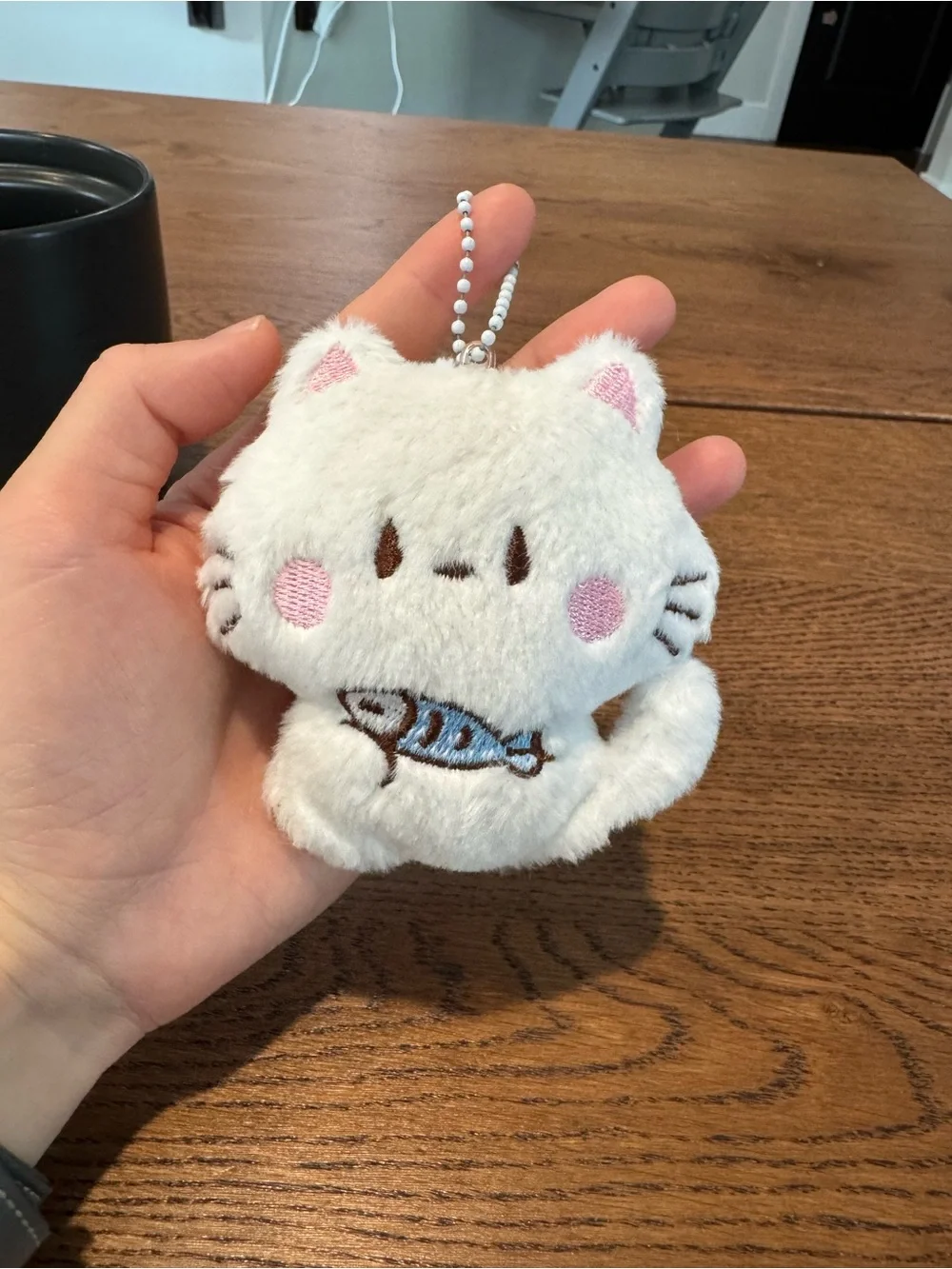 White Squeaky Plush Kitty with Fish Keychain Bag Charm - Cute Soft Accessory